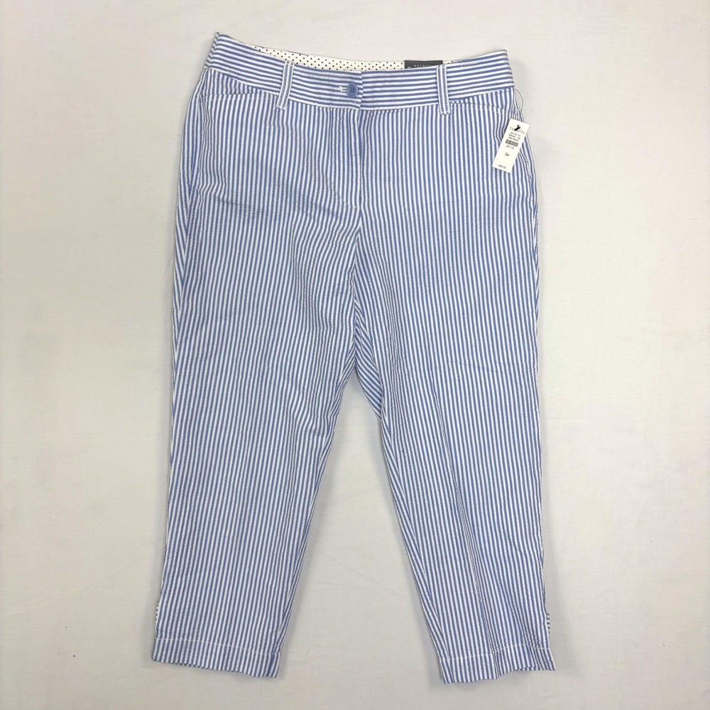 Talbots Perfect Crop Pant‎ 8P Blue White Seersucker Striped Cotton Trousers NEW